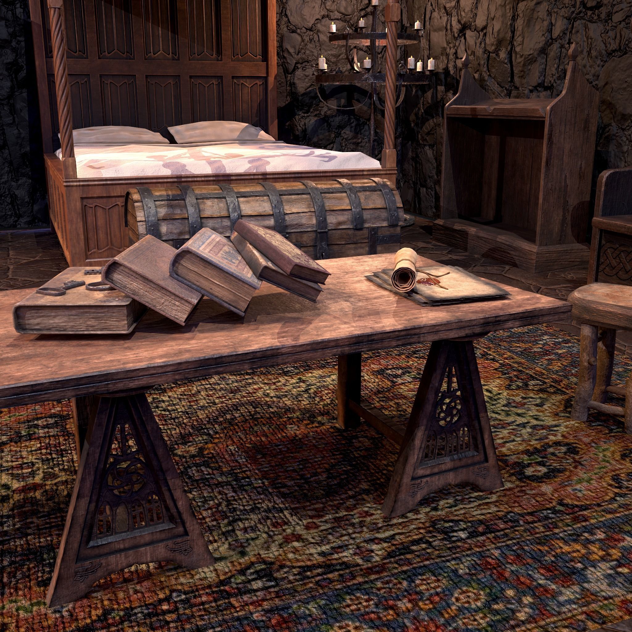 Medieval Bedroom Elegant Furnishings  3D Model Collection_4