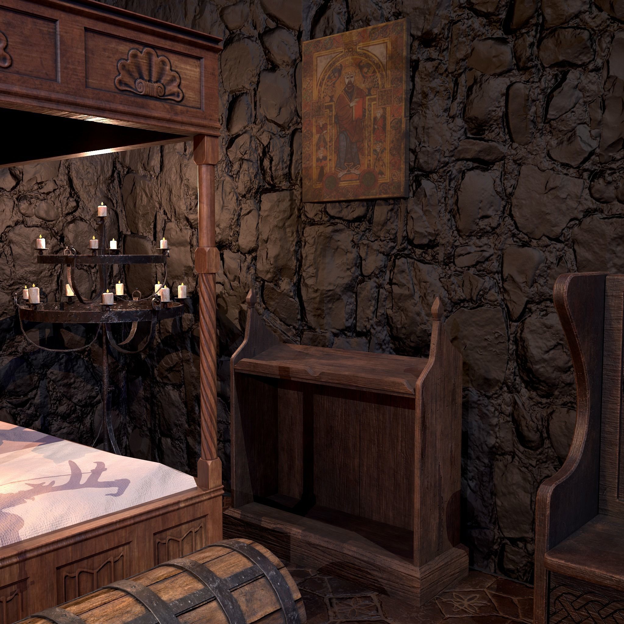 Medieval Bedroom Elegant Furnishings  3D Model Collection_10