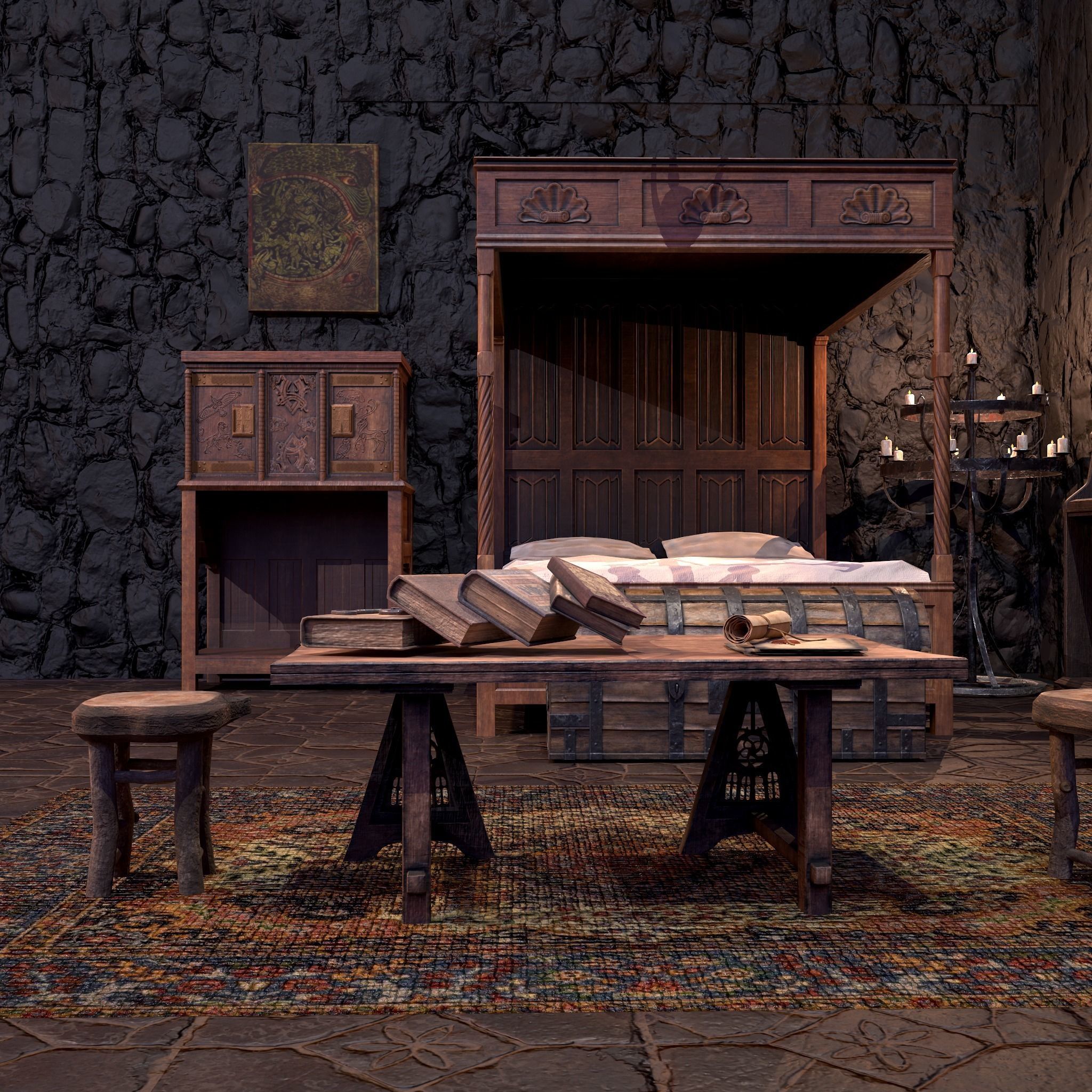 Medieval Bedroom Elegant Furnishings  3D Model Collection_3