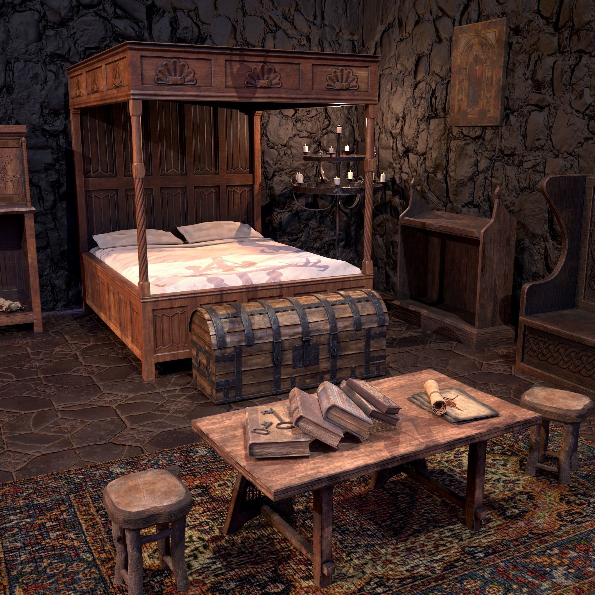 Medieval Bedroom Elegant Furnishings  3D Model Collection_2