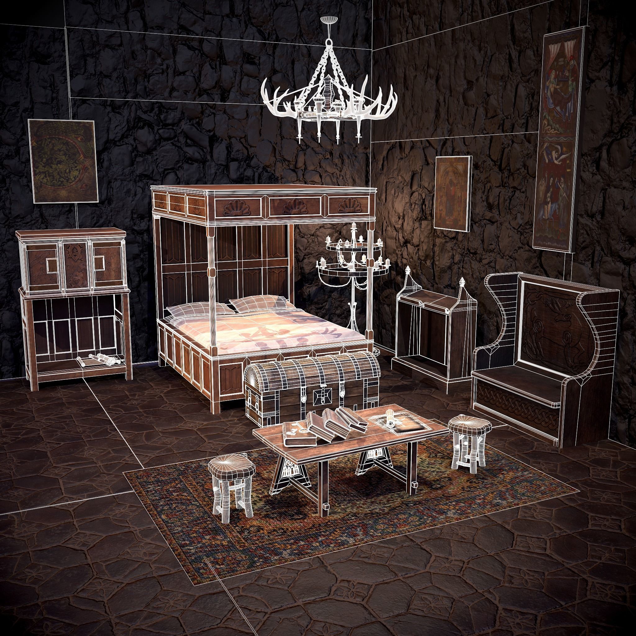 Medieval Bedroom Elegant Furnishings  3D Model Collection_1