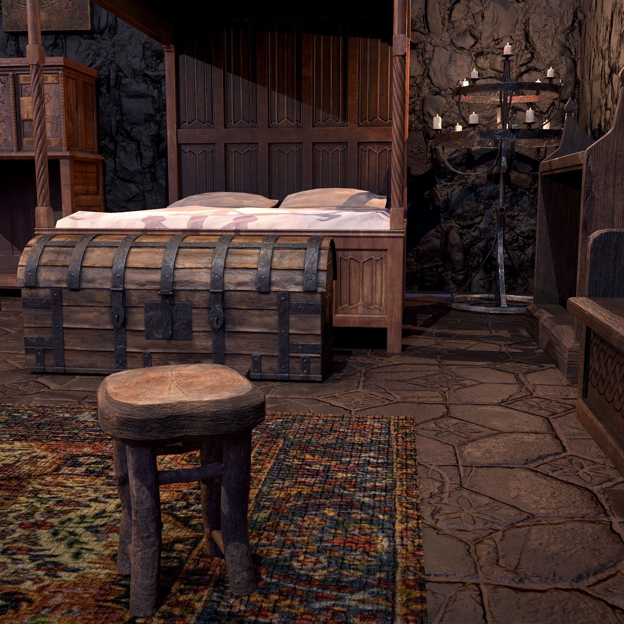 Medieval Bedroom Elegant Furnishings  3D Model Collection_13
