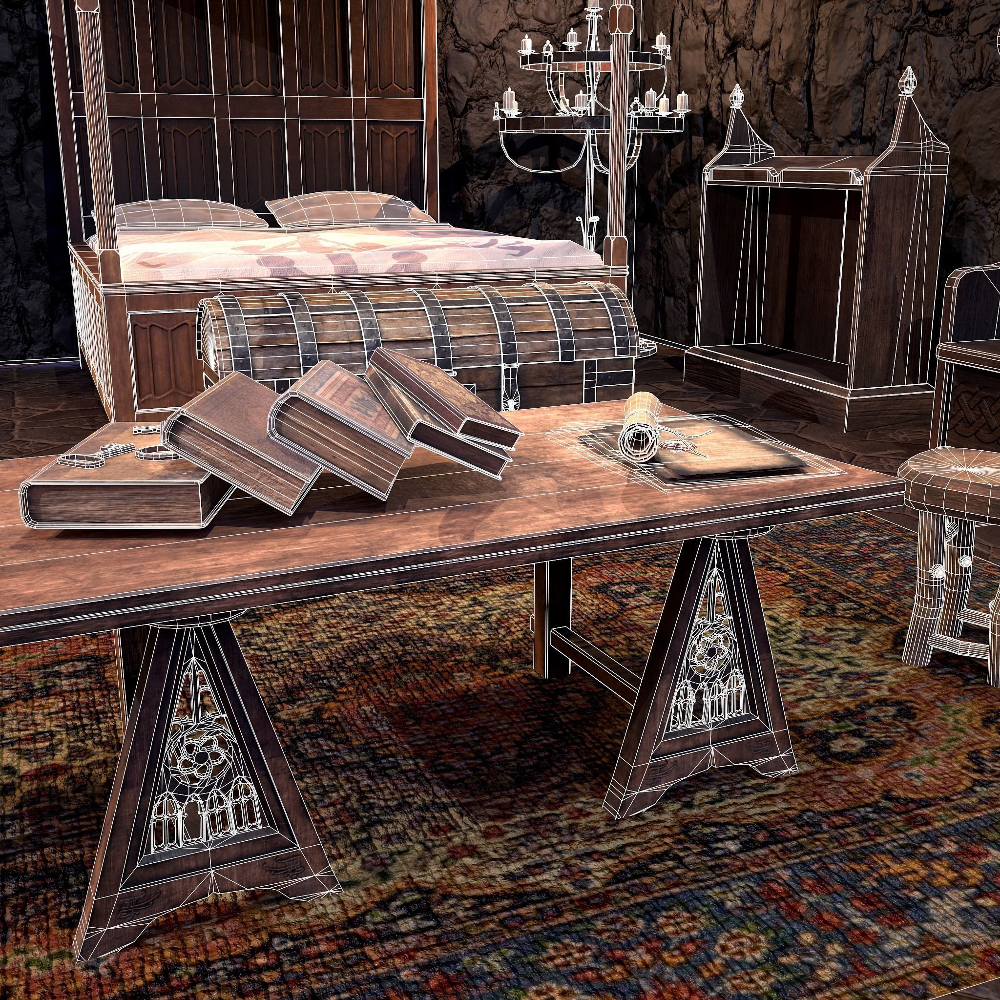 Medieval Bedroom Elegant Furnishings  3D Model Collection_5