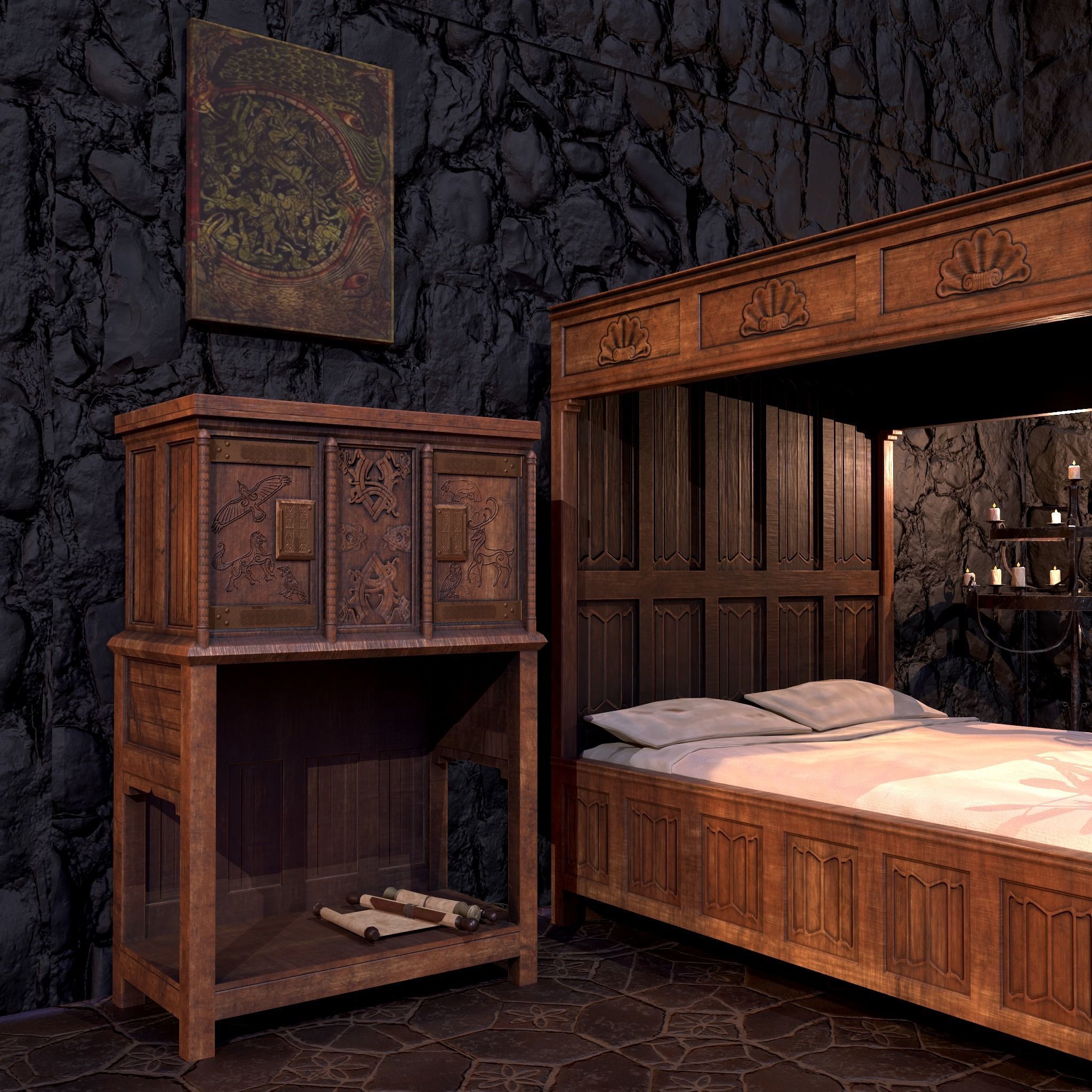 Medieval Bedroom Elegant Furnishings  3D Model Collection_11