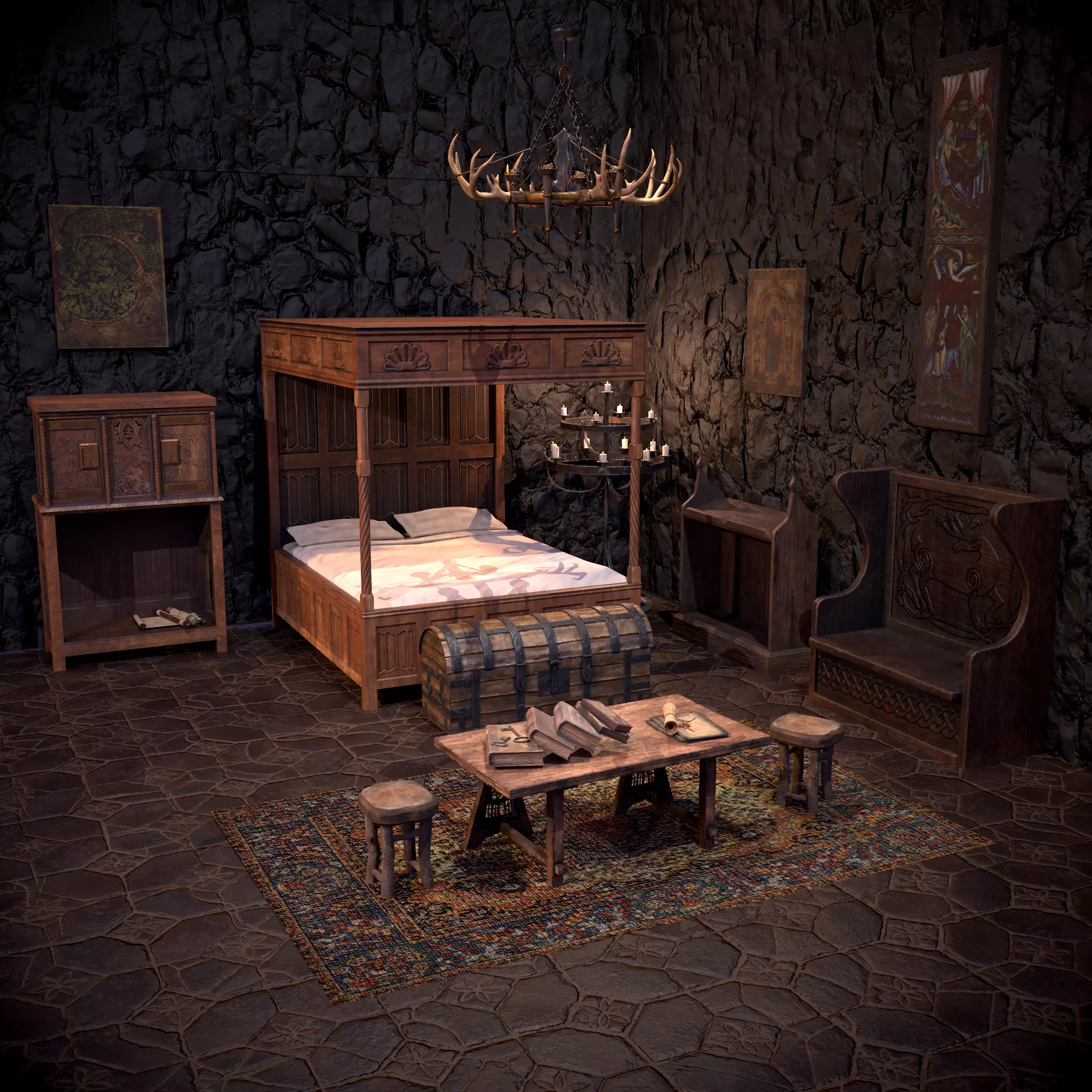 Medieval Bedroom Elegant Furnishings  3D Model Collection_0