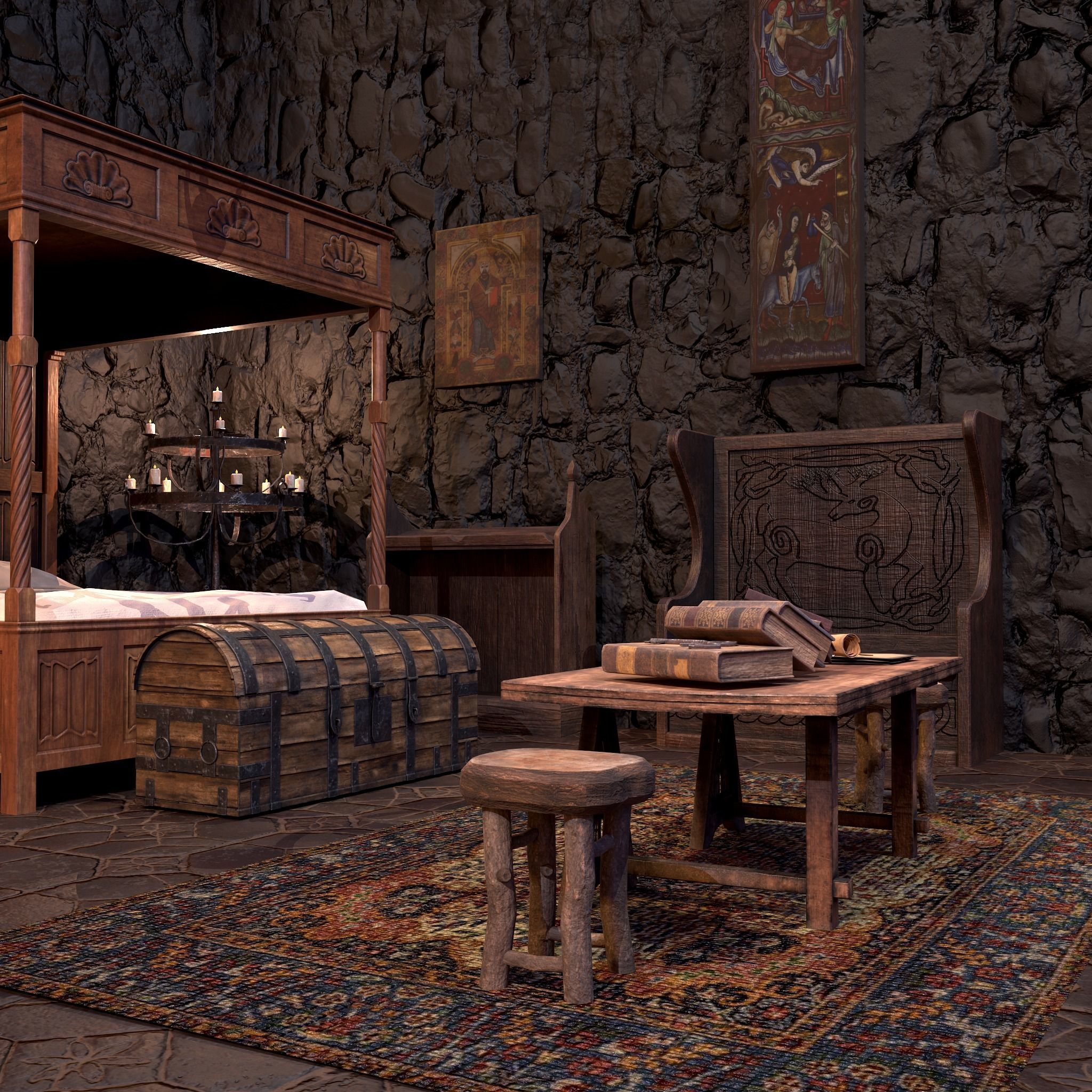 Medieval Bedroom Elegant Furnishings  3D Model Collection_6