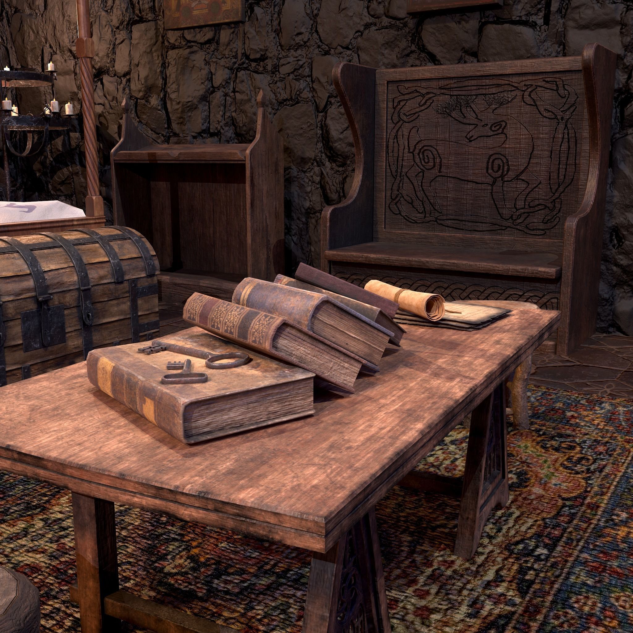 Medieval Bedroom Elegant Furnishings  3D Model Collection_15