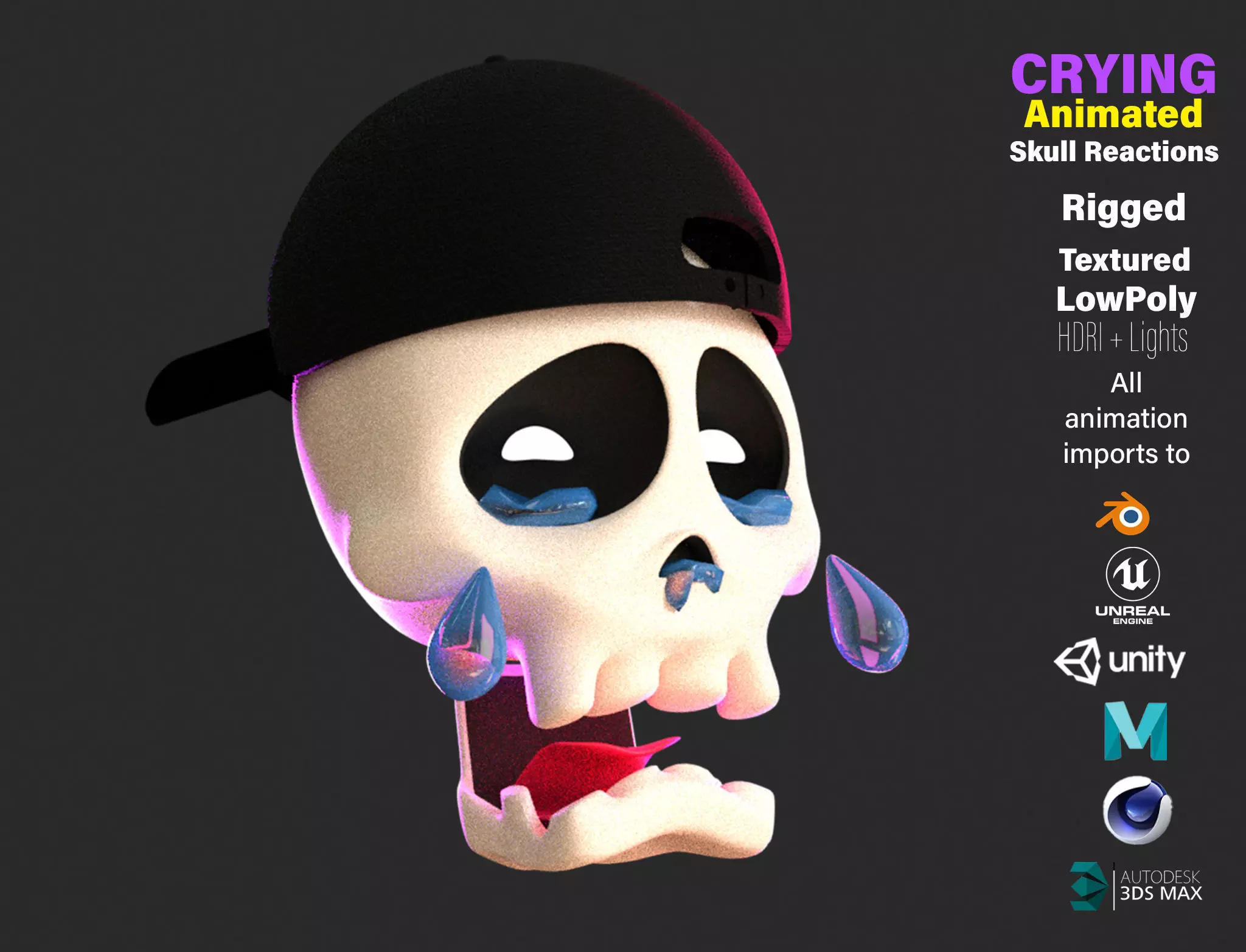 Animated Crying Skull Emoji Low-poly 3D model_0