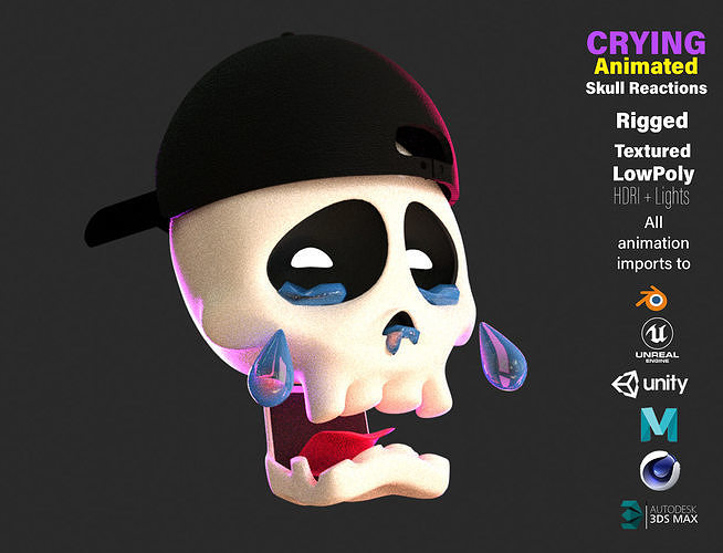Animated Crying Skull Emoji Low-poly 3D model