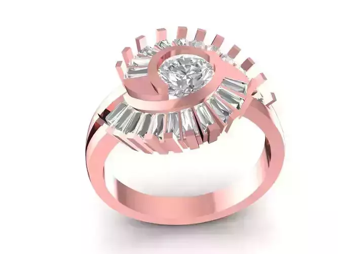 Round Cut Diamond Baguette Halo Gold Ring 3D Model 2067