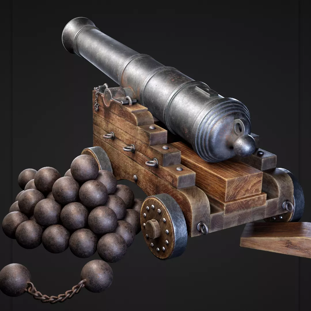 Cannon with balls Low-poly 3D model_0
