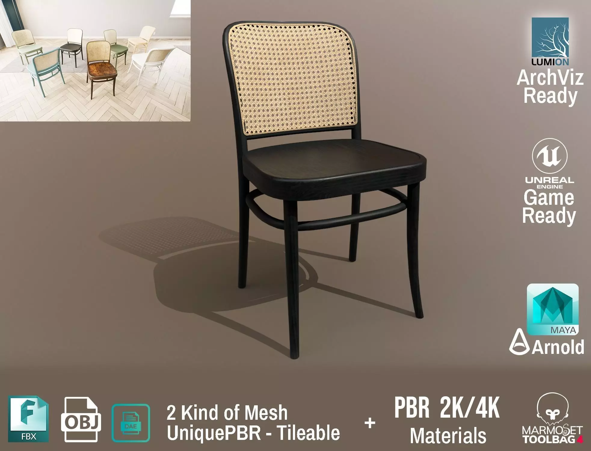 Ton Chair 811 Black Wood Design PBR - Lumion - UE4 Low-poly 3D model_0
