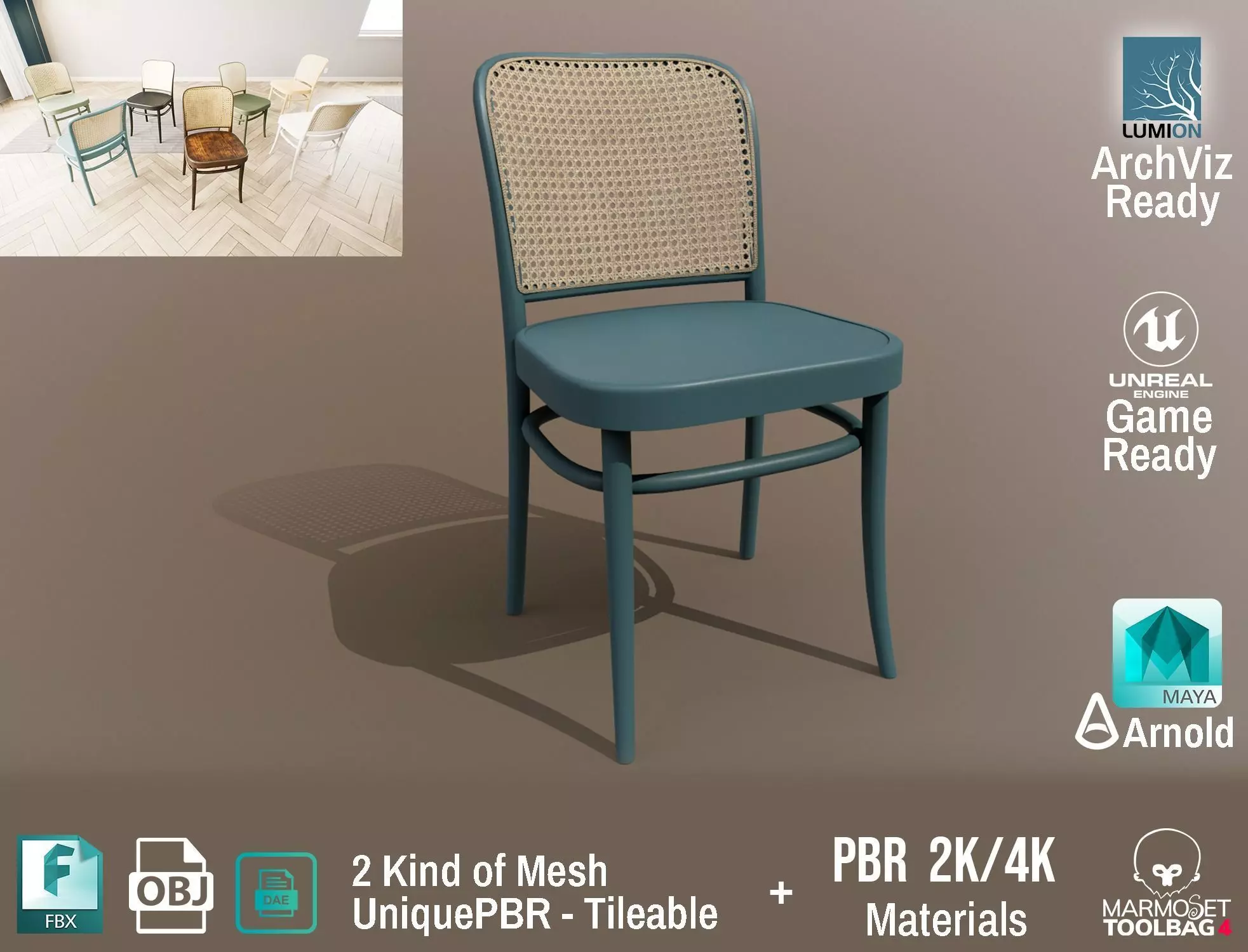 Ton Chair 811 Blue Painted Design PBR - Lumion - UE4 Low-poly 3D model_0