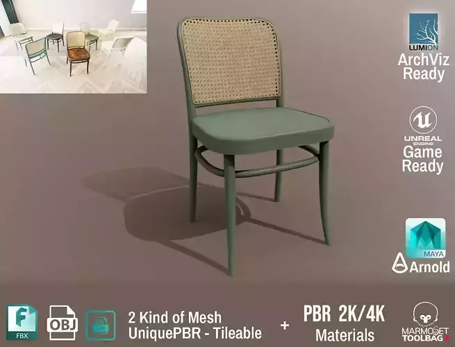 Ton Chair 811 Green Wood Design PBR - Lumion - UE4 Low-poly 3D model