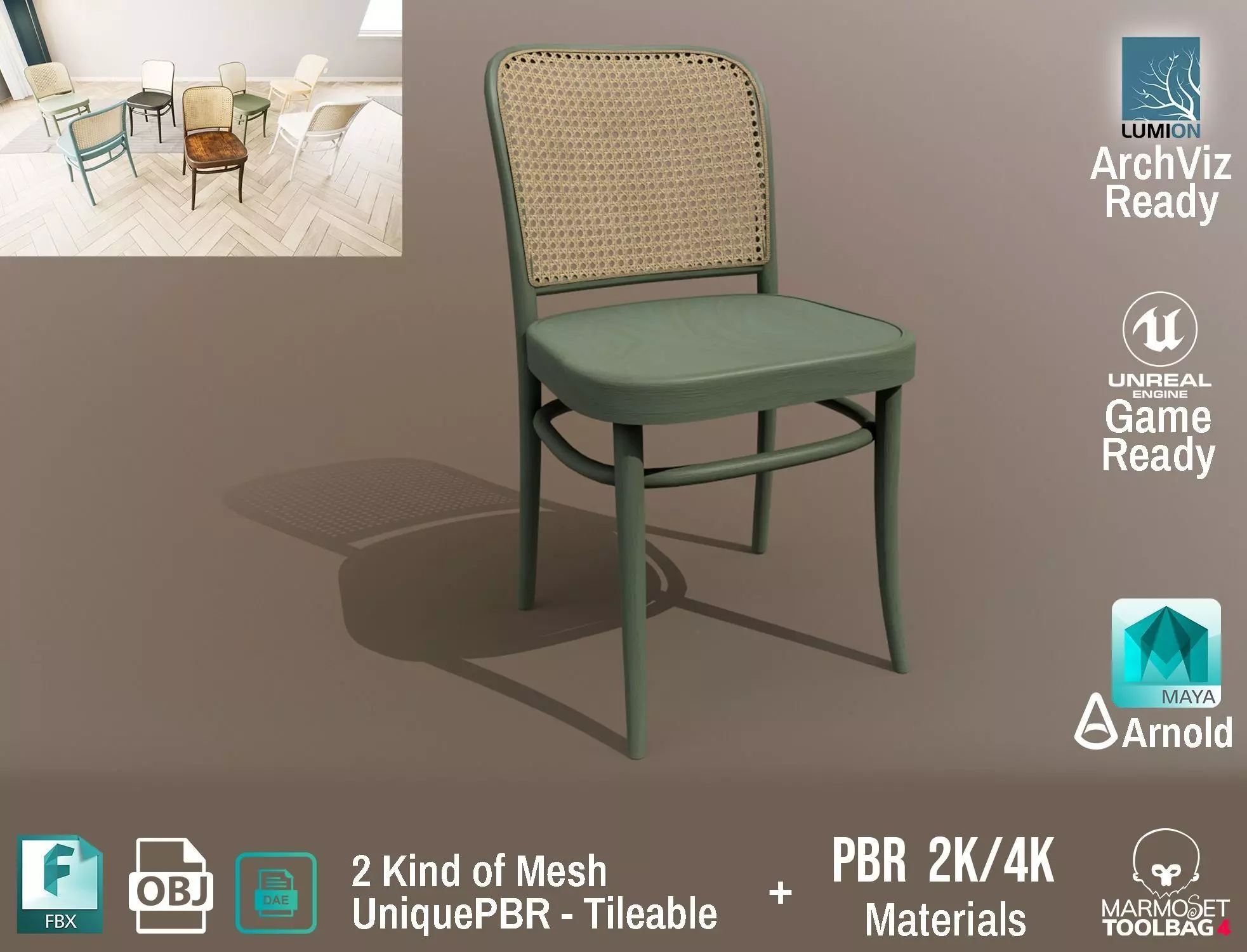 Ton Chair 811 Green Wood Design PBR - Lumion - UE4 Low-poly 3D model_0