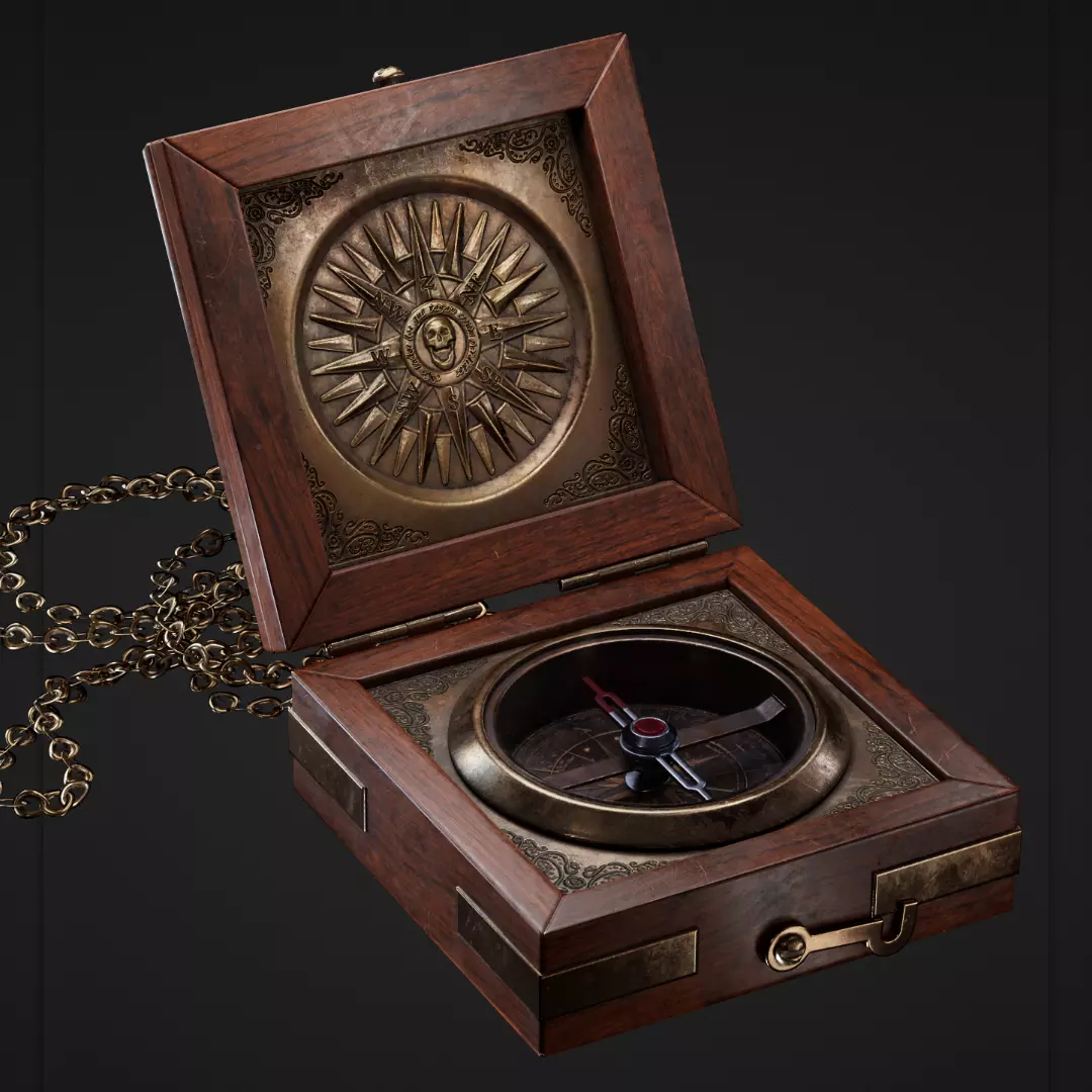 Compass in wooden box Low-poly 3D model