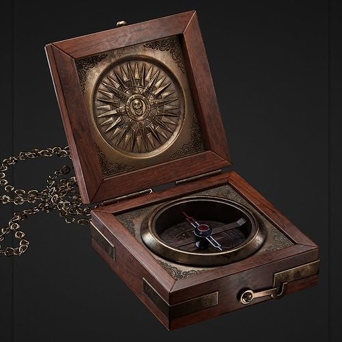 Compass in wooden box Low-poly 3D model