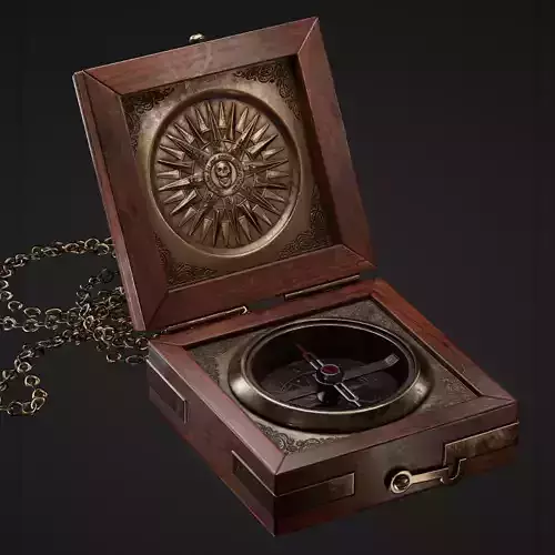 Compass in wooden box Low-poly 3D model