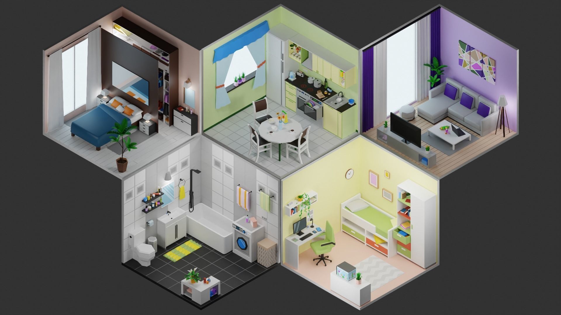 Simple apartment interiors pack 2 Low-poly 3D model_1
