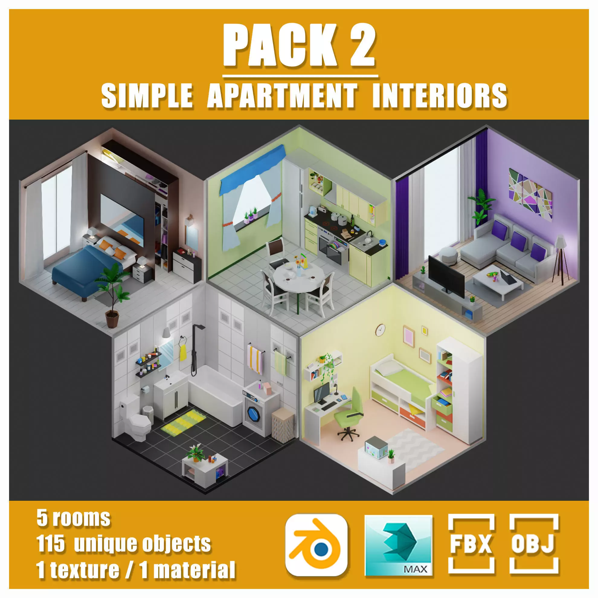 Simple apartment interiors pack 2 Low-poly 3D model_0