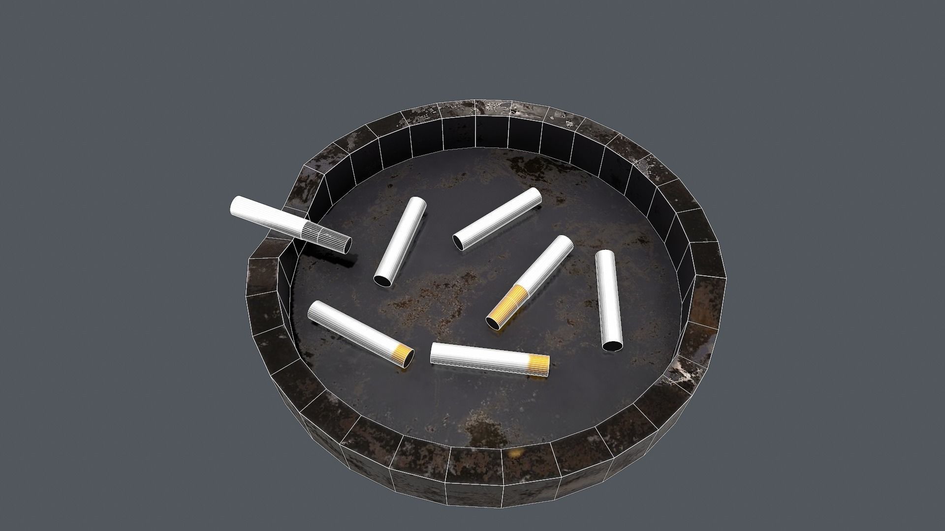 Ashtray metal plate with cigarettes in it Low-poly 3D model_14