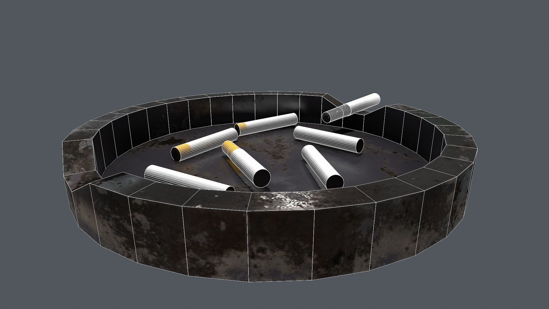 Ashtray metal plate with cigarettes in it Low-poly 3D model_20