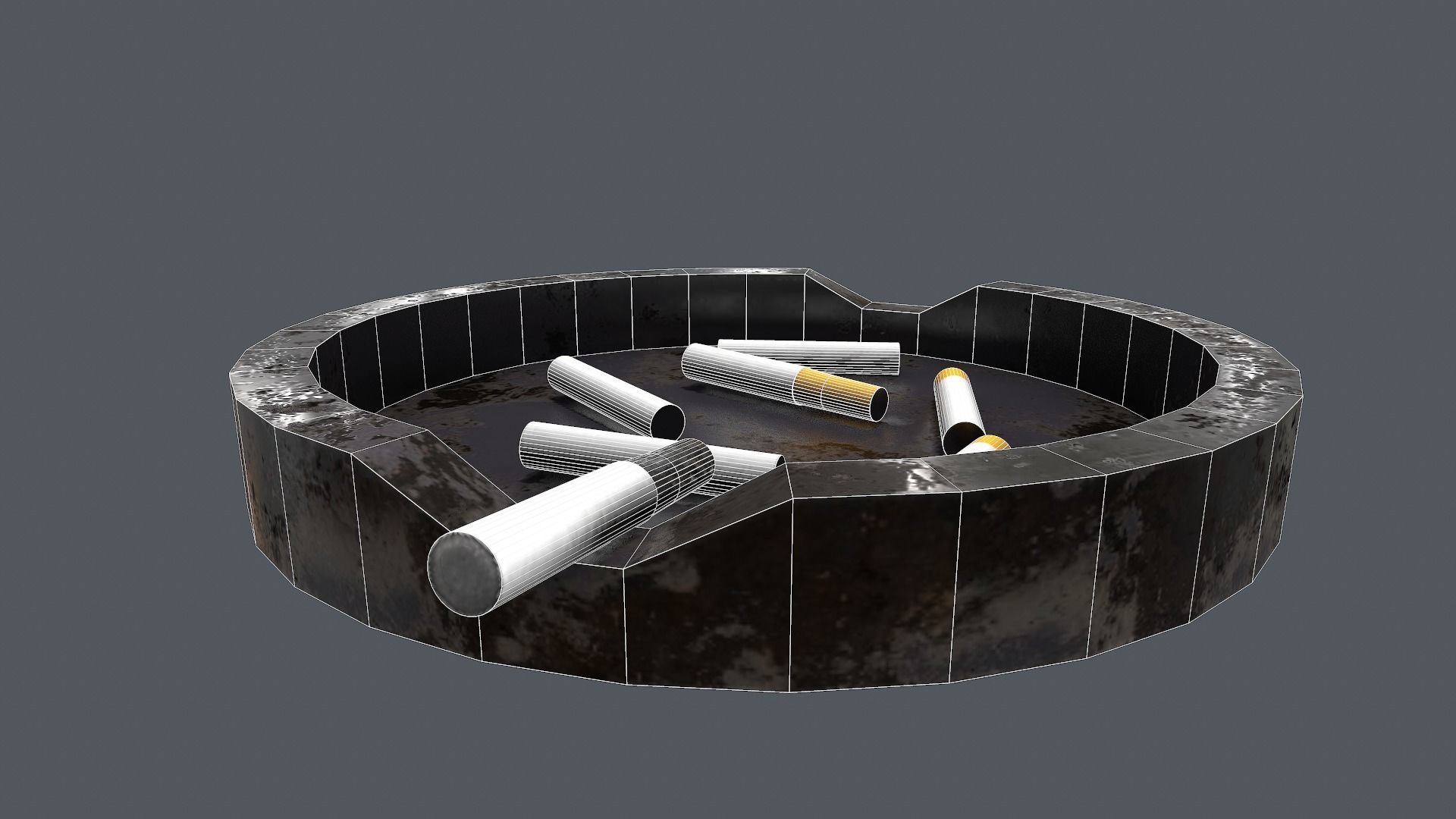 Ashtray metal plate with cigarettes in it Low-poly 3D model_16