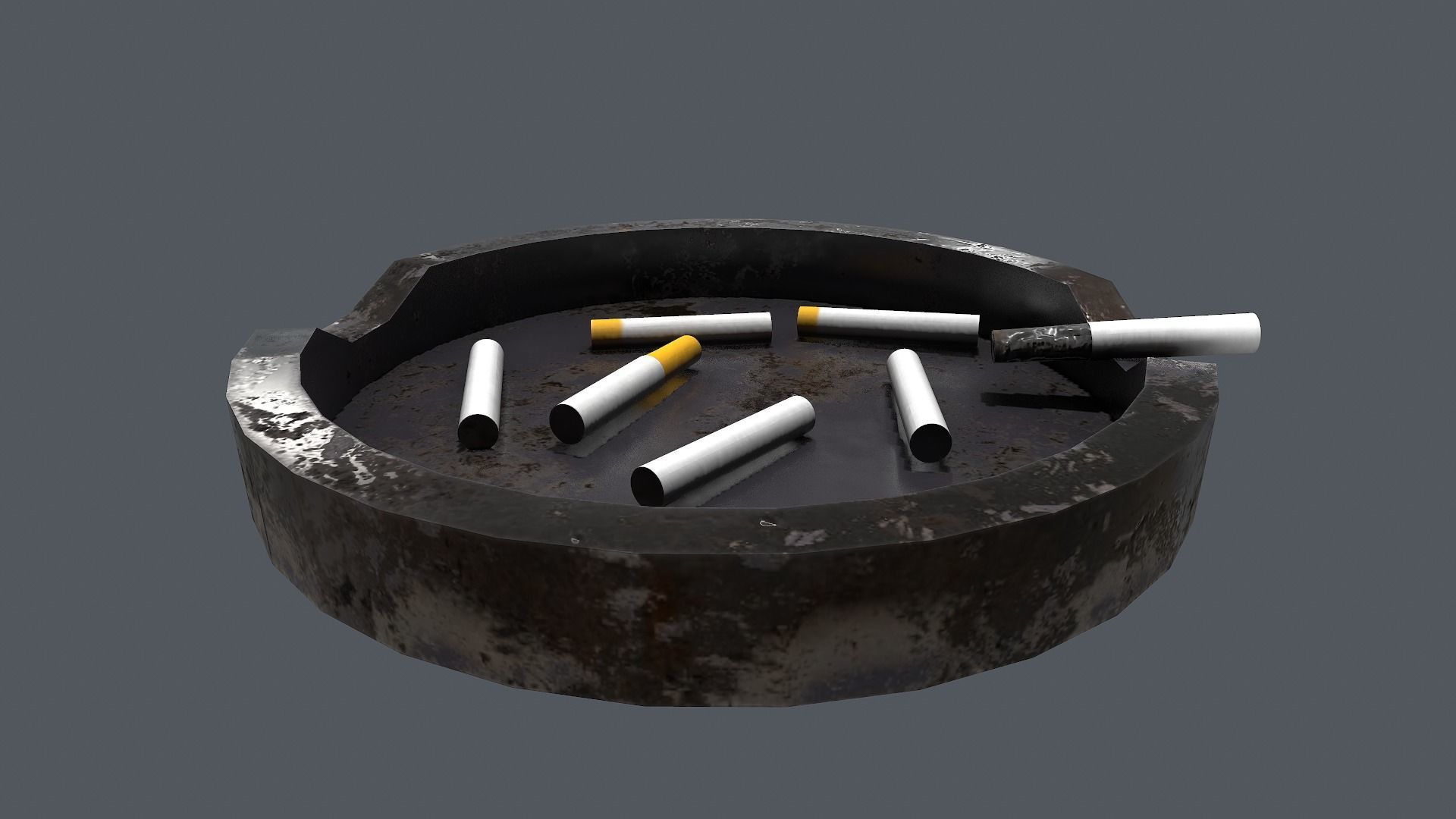 Ashtray metal plate with cigarettes in it Low-poly 3D model_6