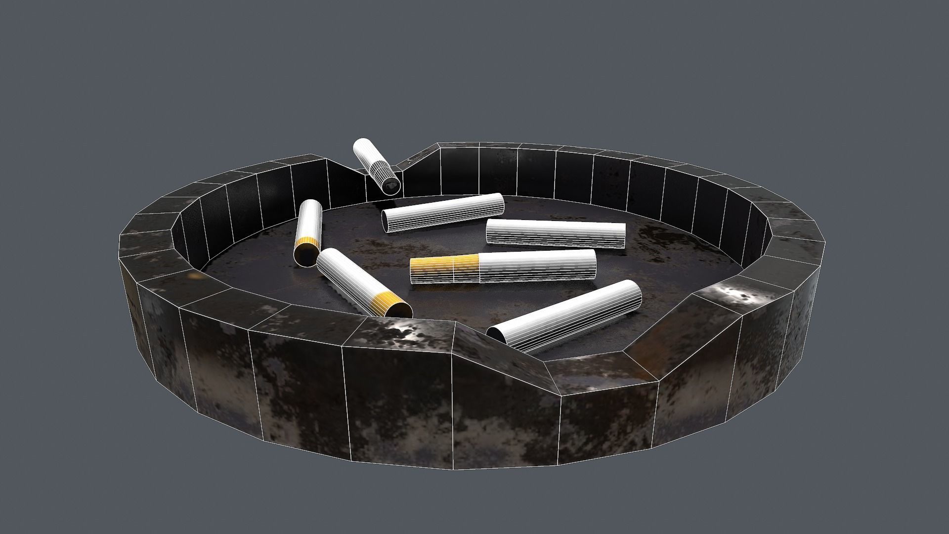 Ashtray metal plate with cigarettes in it Low-poly 3D model_18