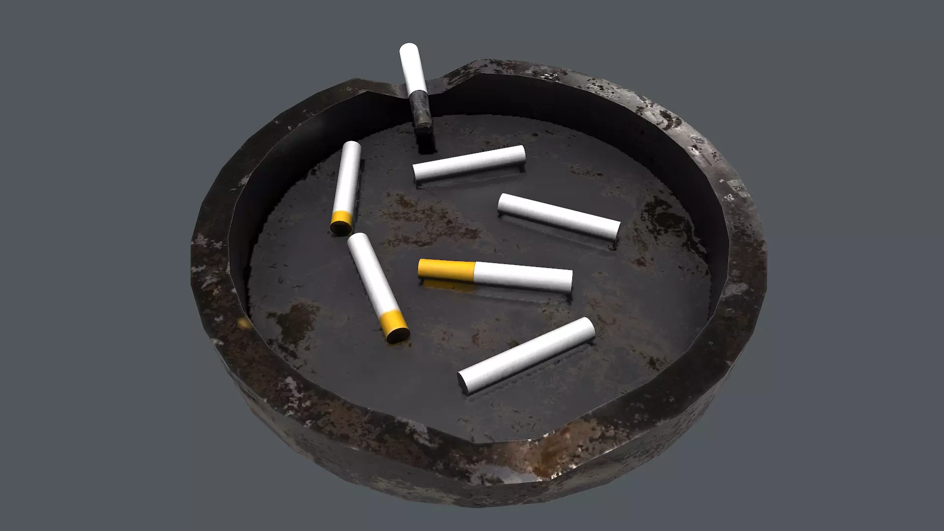 Ashtray metal plate with cigarettes in it Low-poly 3D model_0
