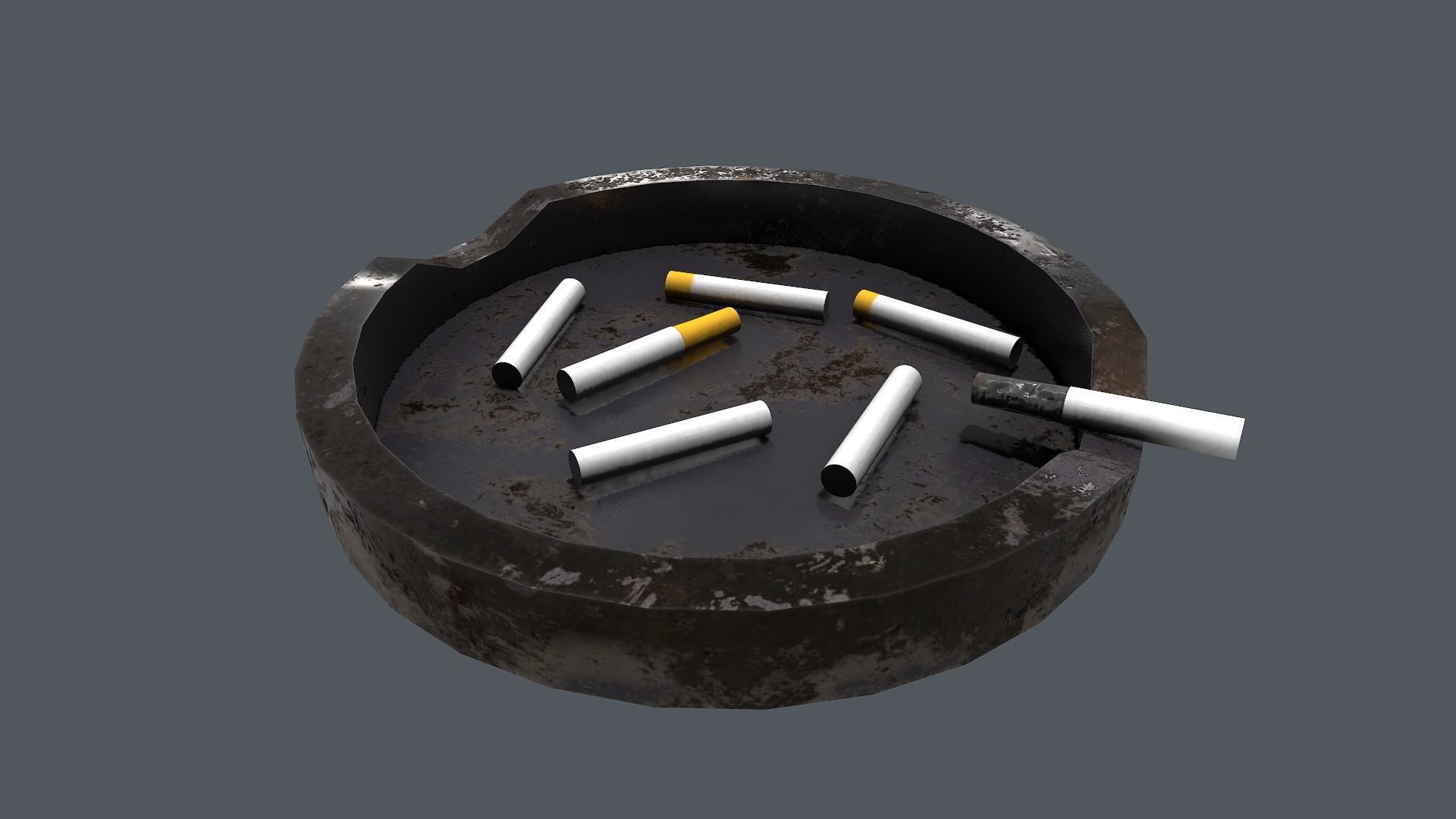 Ashtray metal plate with cigarettes in it Low-poly 3D model_3