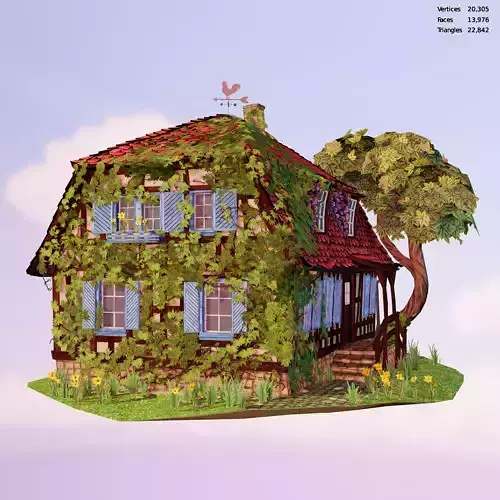 House Low poly 3D model with vines growing