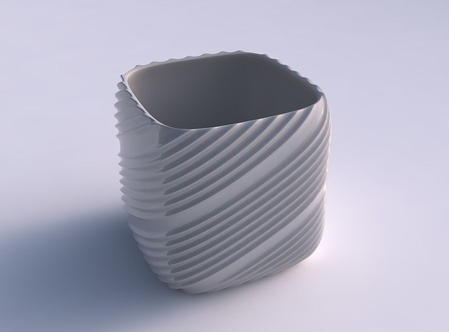 Vase quadratic stumpy with flowing extruded lines 3D print model_0