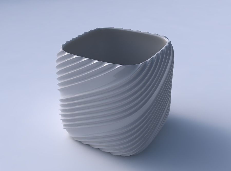 Vase quadratic stumpy with flowing extruded lines 3D print model_3