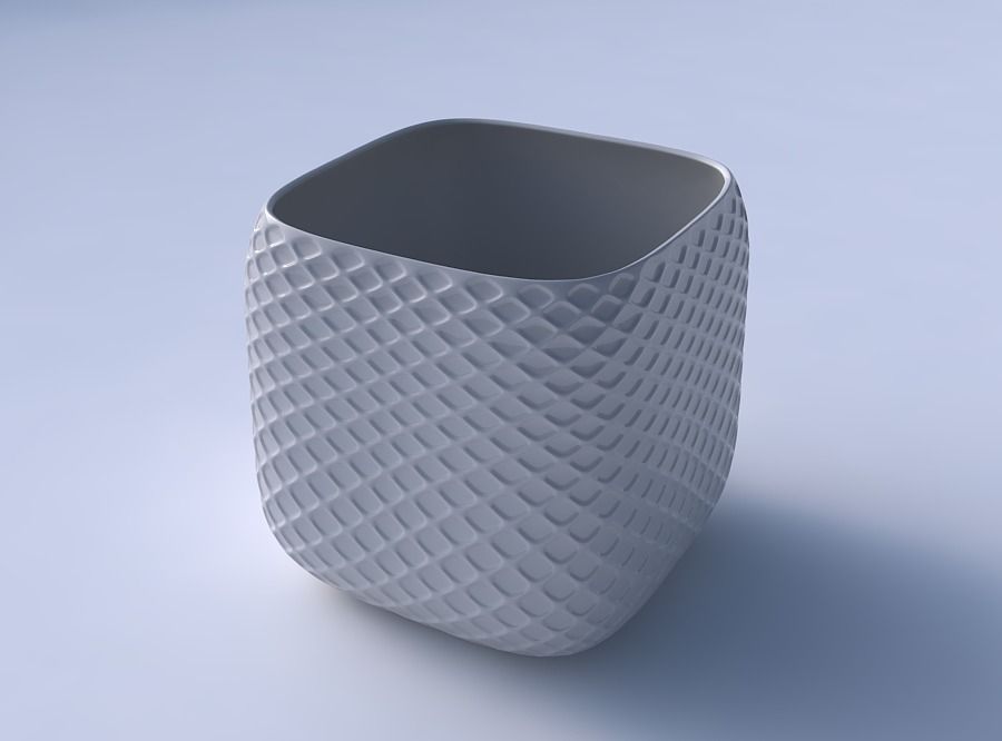 Vase quadratic stumpy with diagonal grid dents 3D print model_3