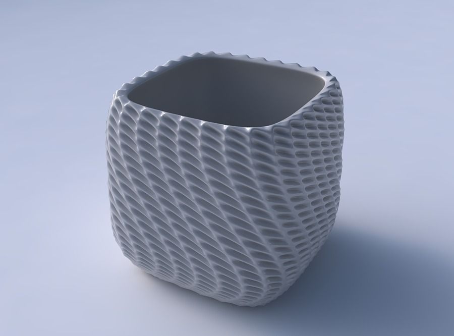 Vase quadratic stumpy with bent extruded pattern 3D print model_3
