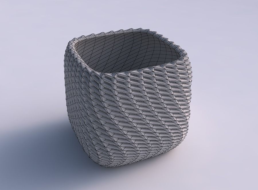 Vase quadratic stumpy with bent extruded pattern 3D print model_5