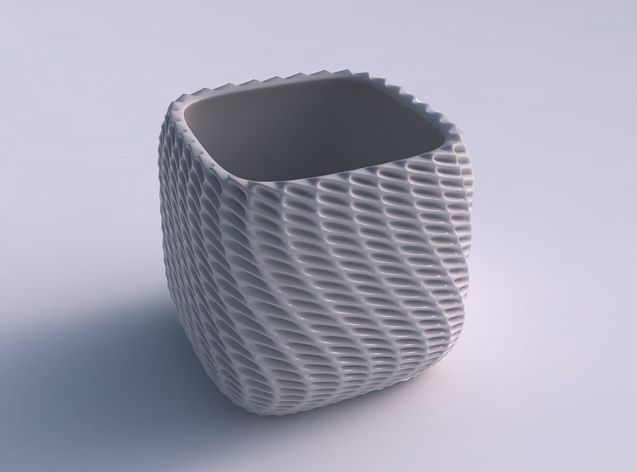 Vase quadratic stumpy with bent extruded pattern 3D print model_0