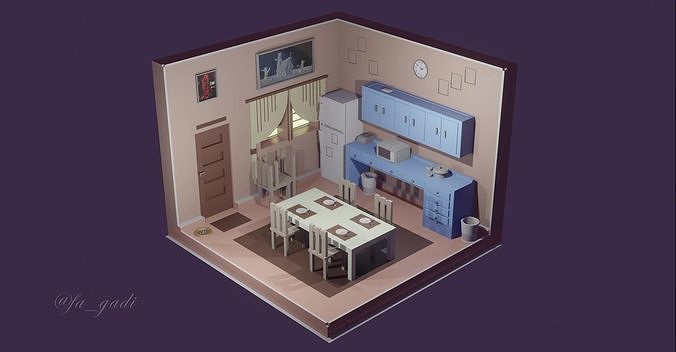 low poly kitchen room with dining table and chairs Low-poly 3D model