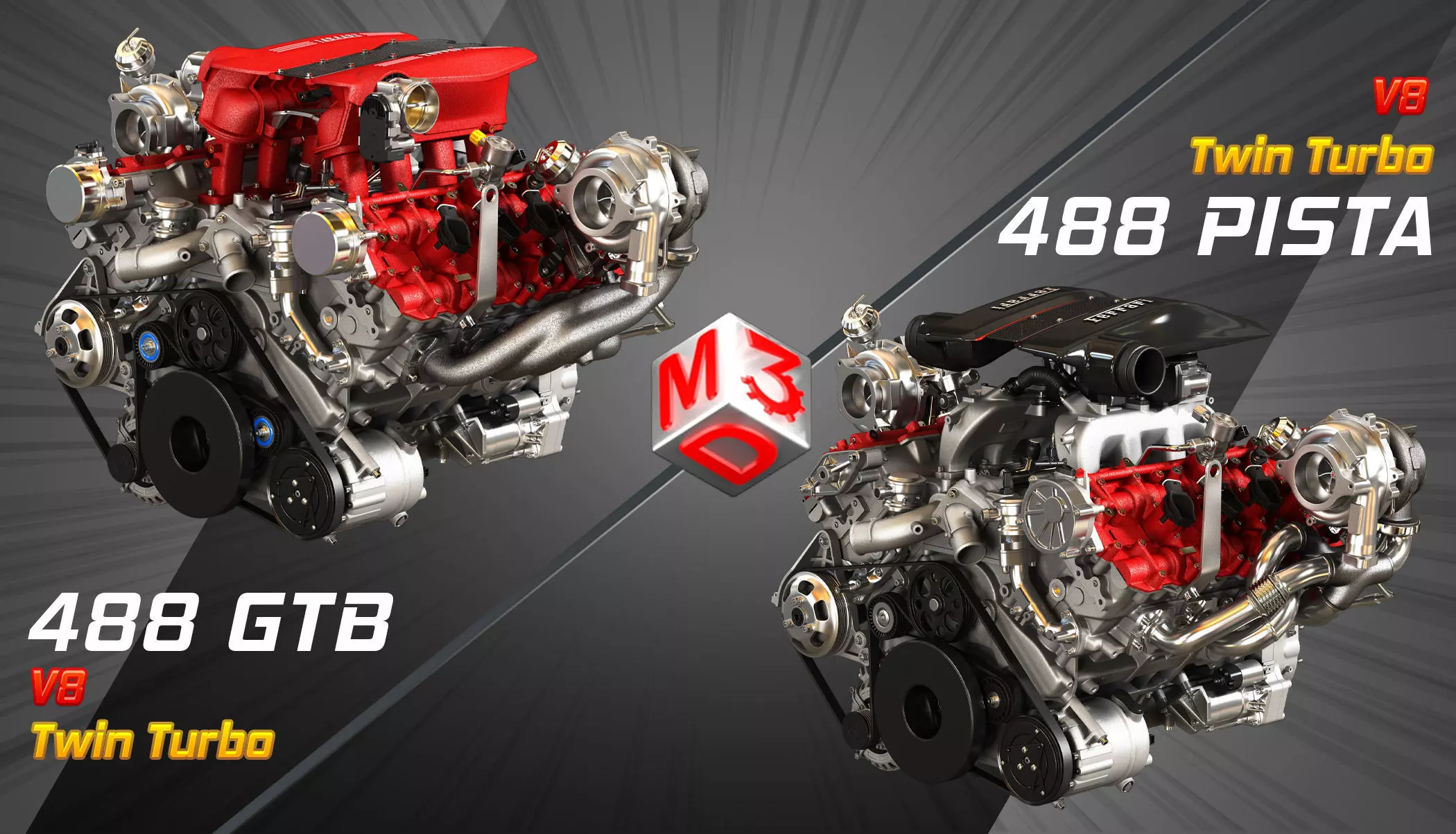 488 GTB - 488 Pista Engines - V8 Twin Turbo Engines 2 in 1 3D Model Collection_0