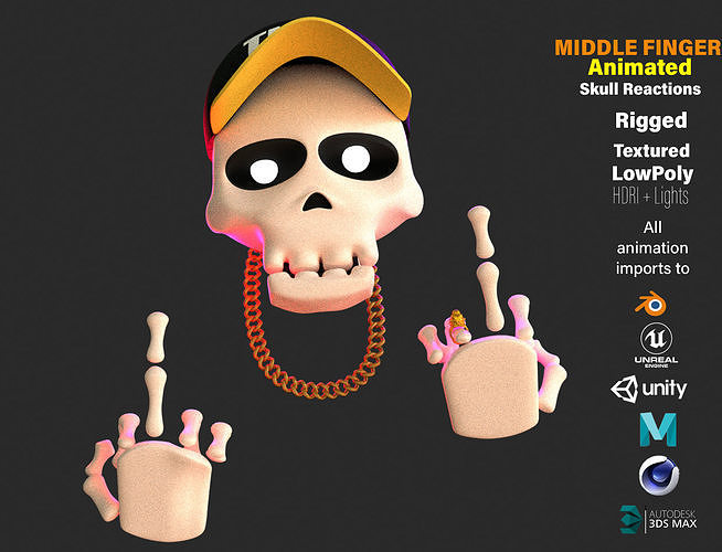 Animated  Skull  Middle Finger Emoji Low-poly 3D model