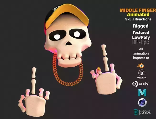Animated  Skull  Middle Finger Emoji Low-poly 3D model