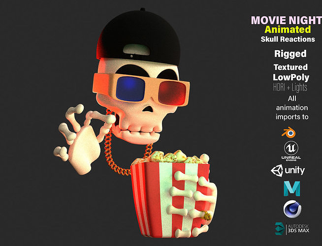 Animated Movie  and Chills Skull Emoji Low-poly 3D model