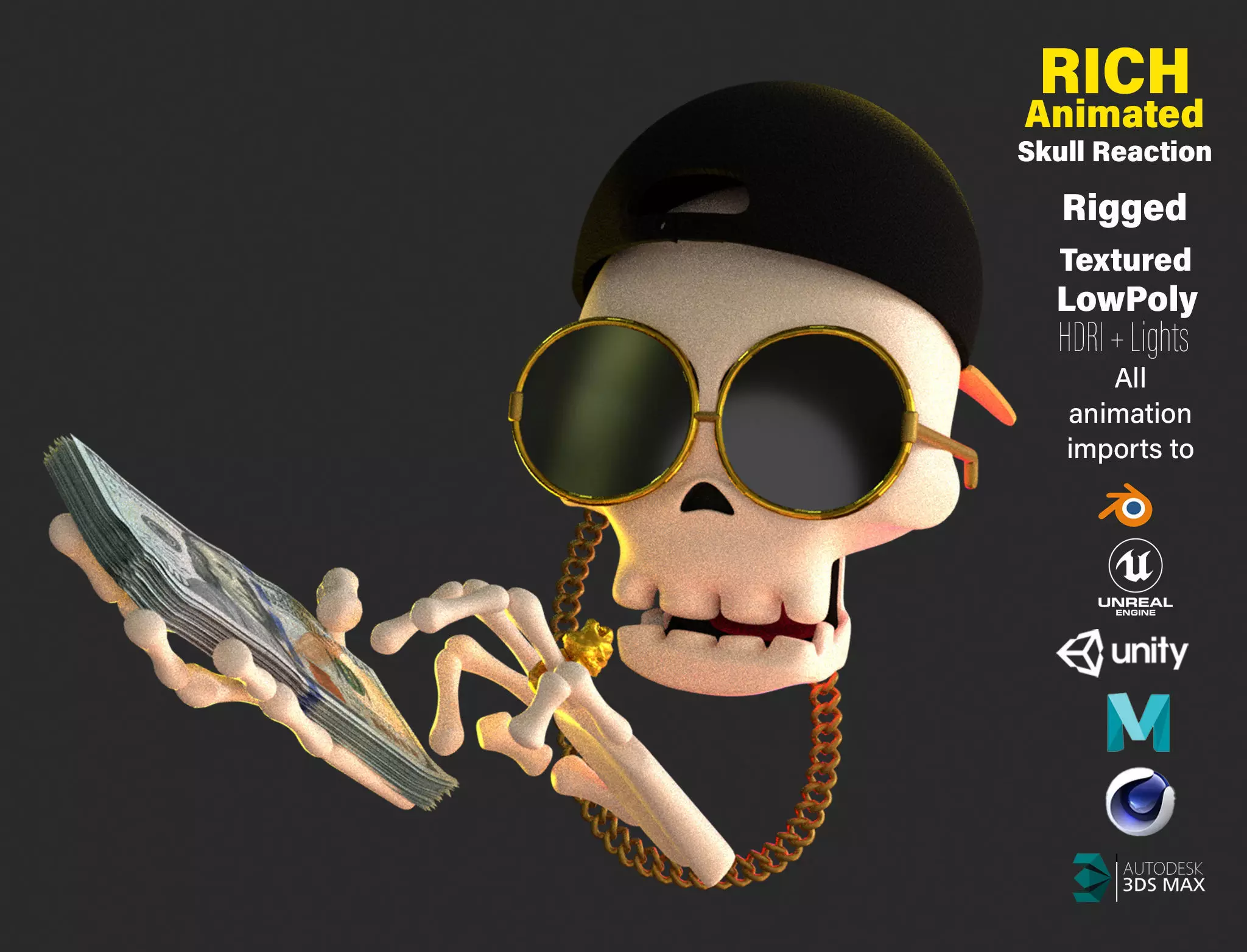 Animated Rich Skull Emoji Low-poly 3D model_0