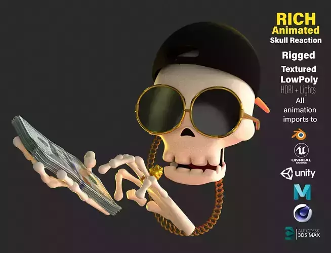 Animated Rich Skull Emoji Low-poly 3D model