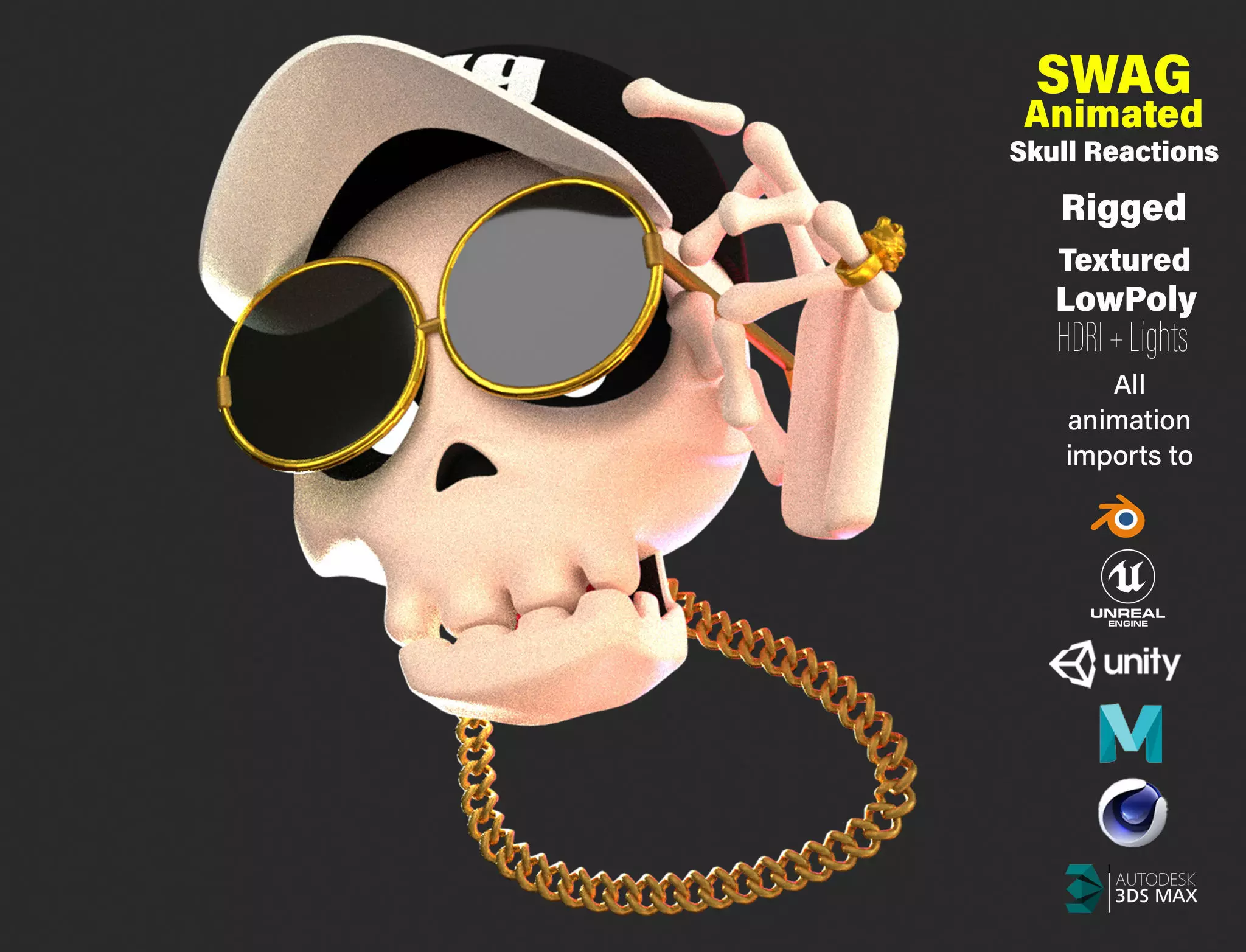 Animated SwagSkull Emoji Low-poly 3D model_0
