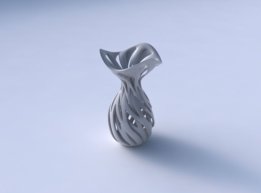 Vase funnel top oval bottom with intertwining lines twisted wavy 3D print model_3