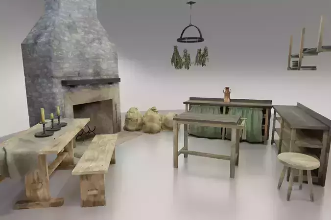 Rustic Kitchen Furniture set 3D Model Collection