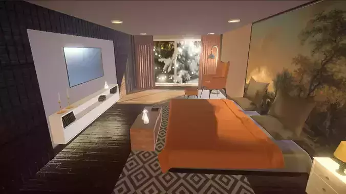 Bedroom with orange bed and tv