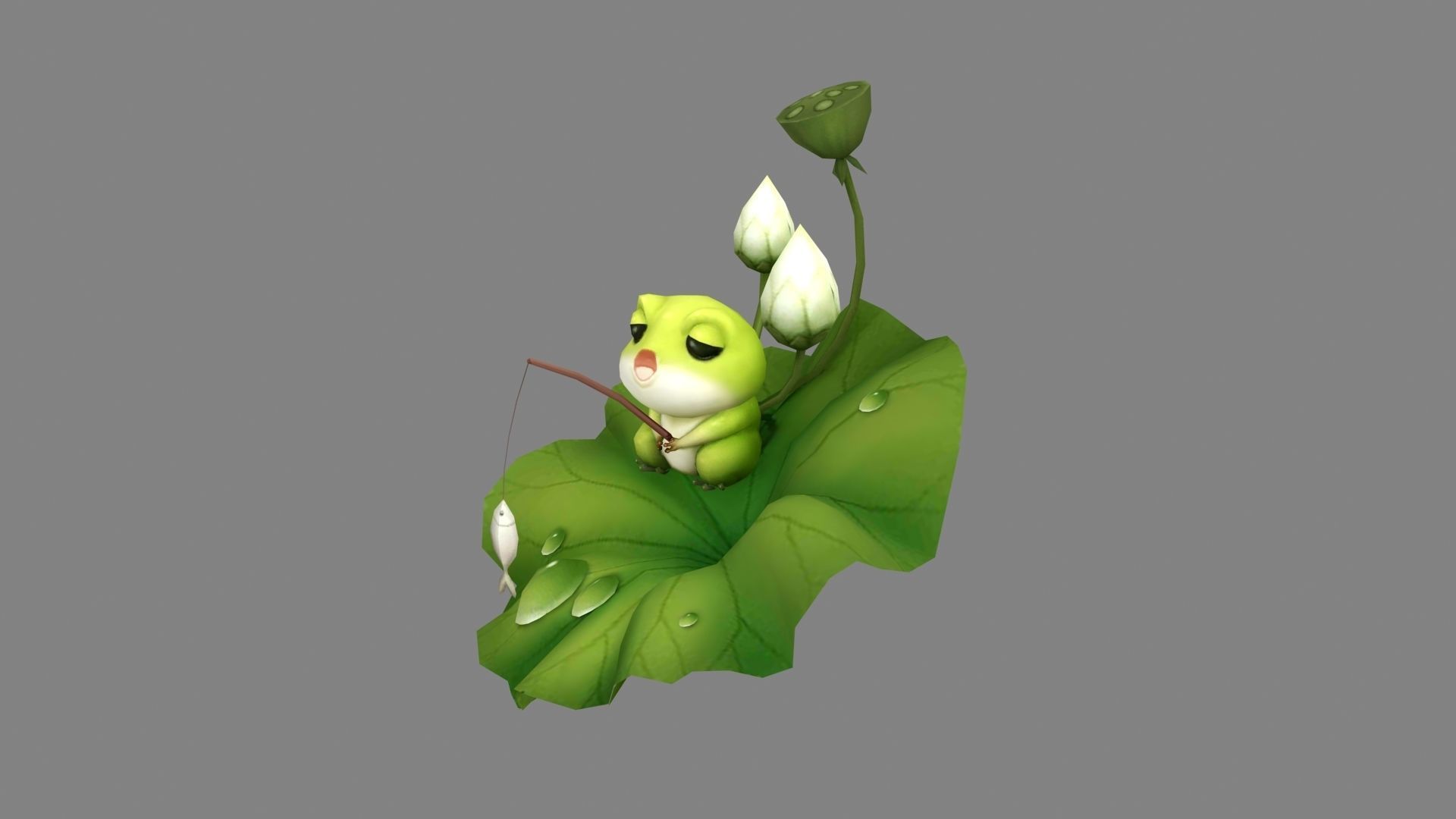 Cartoon Frog fishing on lotus leaf Low-poly 3D model_1
